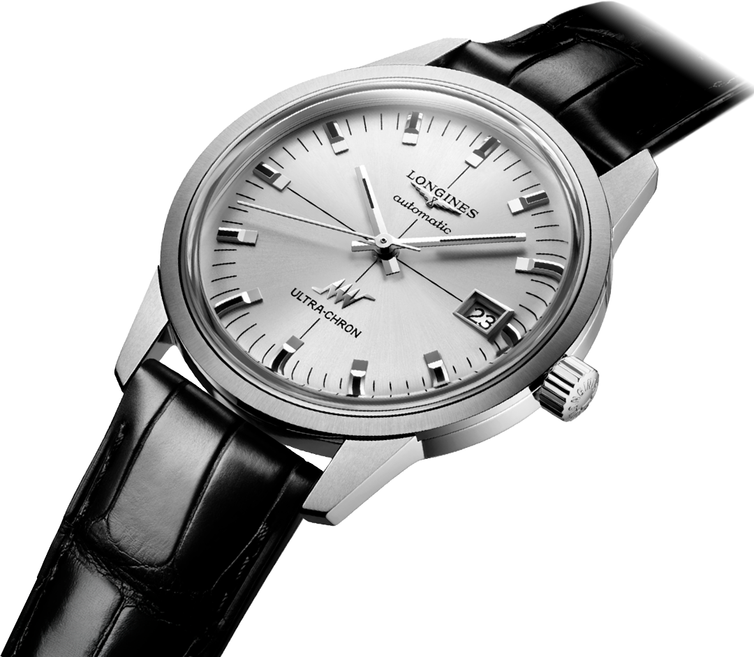 Watches and More_Orologio Longines Ultra-Chron automatico con cinturino in pelle nera.