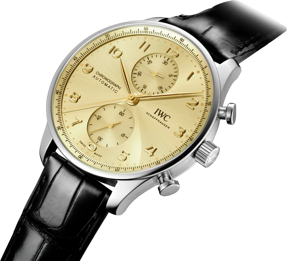 Watches and More_Orologio cronografo IWC Schaffhausen con quadrante dorato e cinturino in pelle nera.