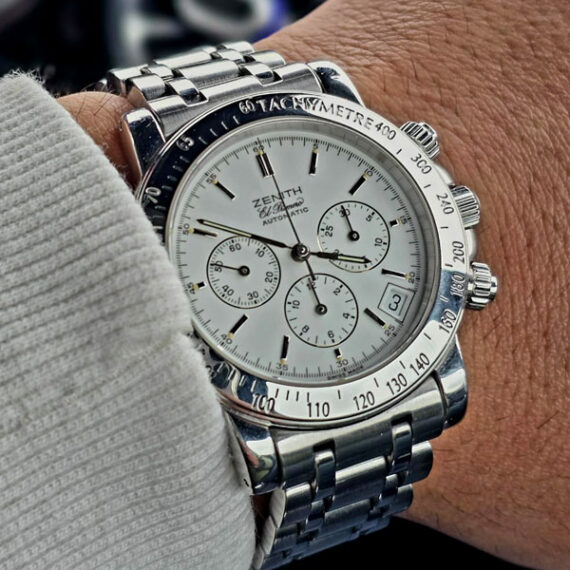 Watches and More_Zenith El Primero Rainbow cronografo, quadrante bianco e bracciale in acciaio (originale).
