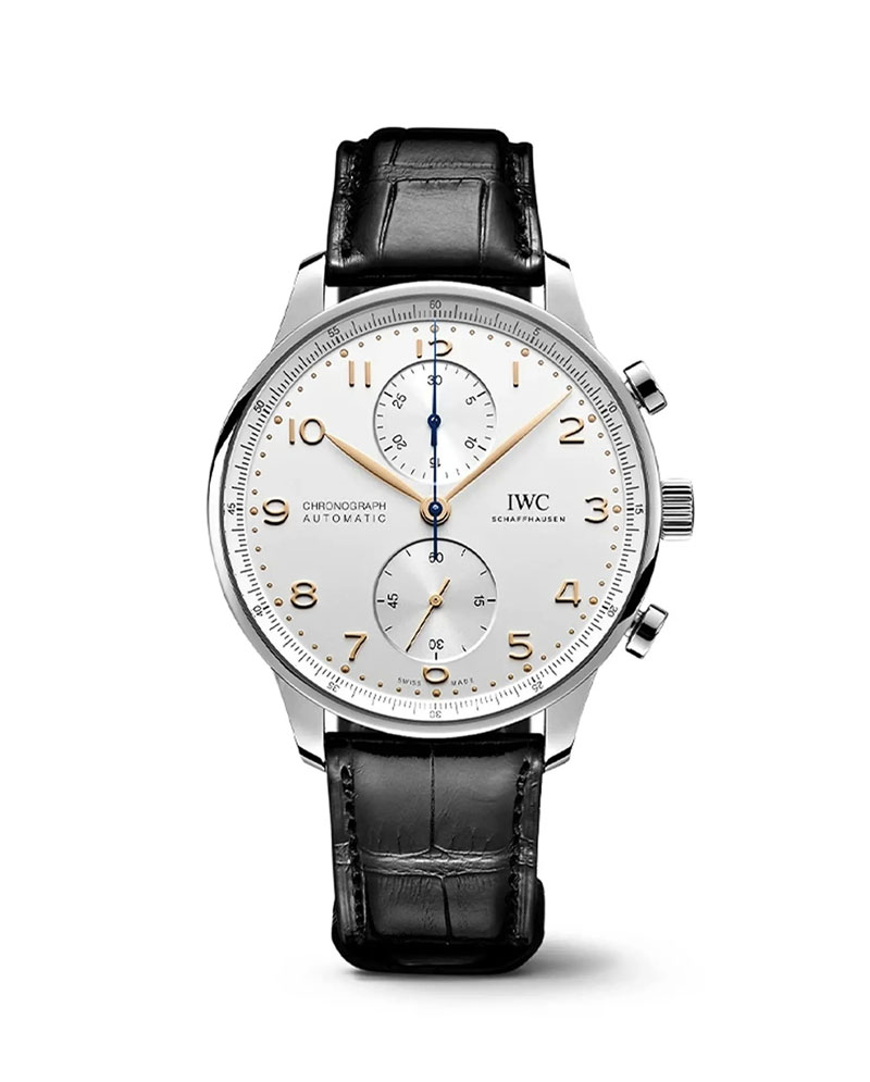 Watches and More_Orologio cronografo IWC Schaffhausen con cinturino in pelle nera.